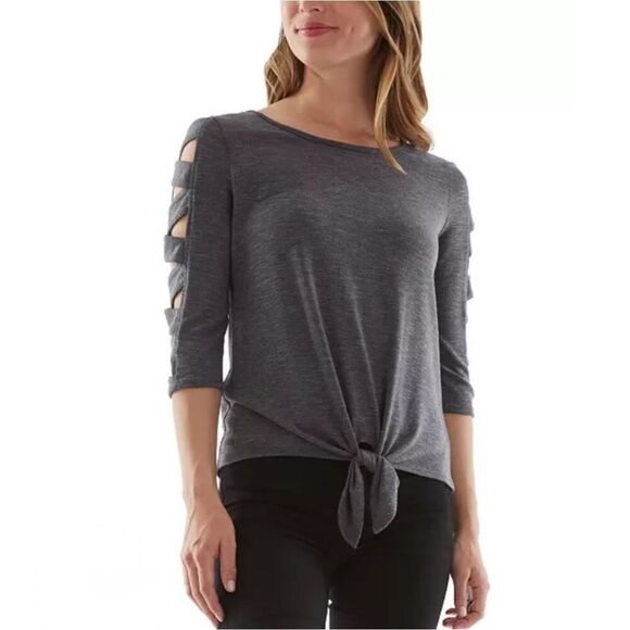 By & By charcoal gray lattice sleeve tie front top sz L - Picture 1 of 9